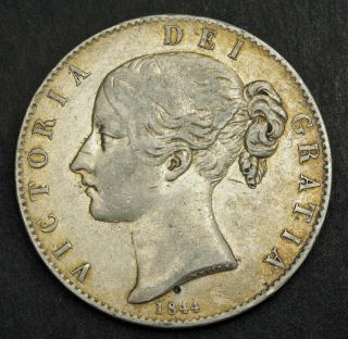 1844,  Great Britain,  Queen Victoria.  Large Silver Crown Coin.  Cinquefoil Stops