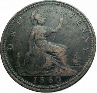 1860 Uk Great Britain United Kingdom Queen Victoria Penny Coin I79520