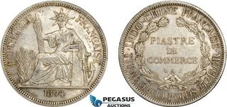 Ad071,  French Indo - China,  Piastre 1894 - A,  Paris,  Silver,  Cleaned Xf - Au