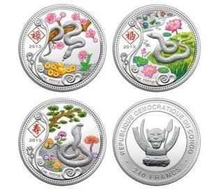 2013 Kongo Fu Lu Shou Year Of The Snake 3x1oz Silver Proof Coin Set
