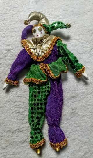 Mardi Gras Jester Porcelain Poseable Doll 12 Inch Purple Green Gold Harlequin