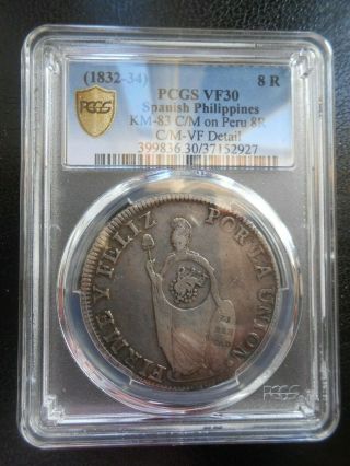 Pcgs Spanish Philippines F70 Counterstamp On Peru 8 Reales Dated 1833 Vf30