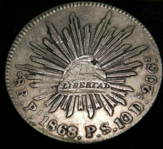 1868/7 Pi P.  S.  San Luis Potosi Mexico 8 Reales Silver Coin Overdate