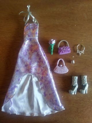 Barbie Doll Purple/silver Ball Gown & Accessories Gently