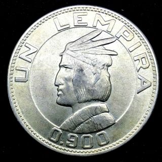 Honduras :1937 Un Lempira - 0.  900 Silver,  Rare Bu.  Coin Km 75.  2