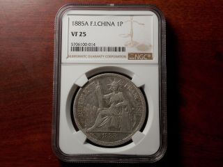1885 A French Indo China Piastre Silver Coin Ngc Vf - 25