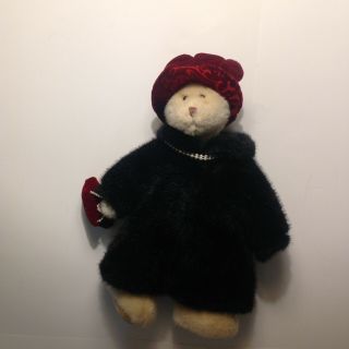 14 " Russ Berrie & Co Nuria Plush Teddy Bear In Black Faux Fur Coat Pearls Purse