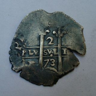 1673 Bolivia Potosi 2 Reales P E - Carlos Ii - Rare Silver Coin ¡¡¡