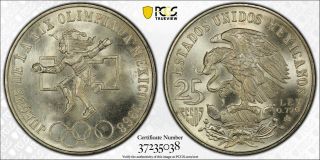 1968 - Mo Mexico 25 Peso Silver Olympic Pcgs Ms67 Bu Gorgeous Toned Choice (mr)