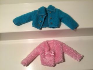 Barbie Fashion Avenue Pink Fuzzy Sweater Jacket Blue Jacket Gold Buttons