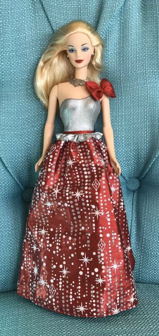 Holiday Collector Barbie Doll In Red Gown And Silver Jewelry Heels Mattel Euc