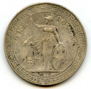 Scarce Date 1913 - B Hong Kong Great Britain Trade Dollar | Vf/xf Details