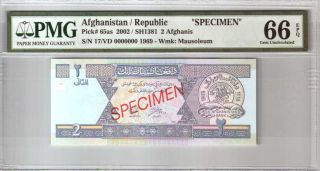 552 - 0103 Afghanistan | Specimen 1969,  2 Afghanis,  2002,  P 65as,  Pmg 66 Gem