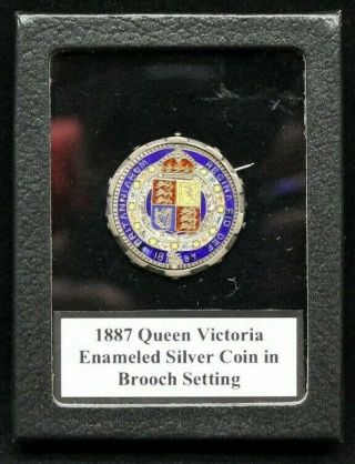 1887 Queen Victoria Enameled Silver Six - Pence Coin Set In Brooch In Display Box