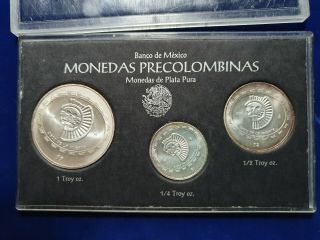 1997 Mexico Teotihuacan 3 Coin Set Peso $5 - $2 - $1 Silver.  999 Disco De La Muerte