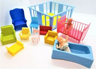 Vintage Plastic Dollhouse Furniture & Mini Baby Dolls Chairs Bathtub Cribs