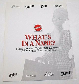 1993 Mattel Guide To Proper Care & Reading Of Mattel Trademarks - Barbie Hot Wheel
