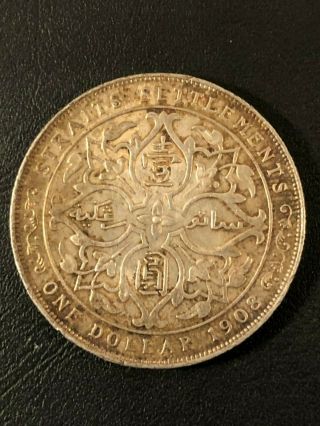 1908 Straits Settlements Silver One Dollar Edward VII Crown Coin 2