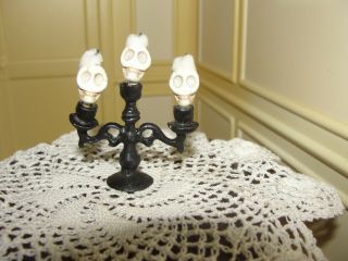 Dollhouse Miniature Black Metal Candelabra W 3 Skulls