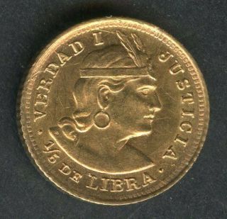 Peru 1/5 Libra 1914 Pozg Gold Coin Contains.  0471 Ounces Of Pure Gold