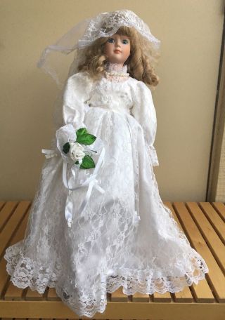 Decorative Porcelain Doll Of Bride In Wedding Dress 20” Tall
