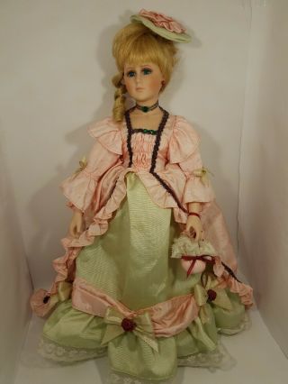 Porcelain Doll 18 " Lady On Stand Blond Hair Blue Eyes Turn Of Century Costume