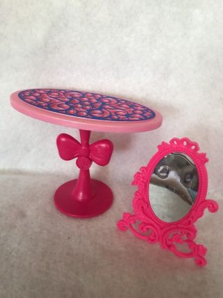 2012 Mattel Pink Barbie Doll House Furniture Pink Table And Vanity Mirror
