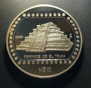 Mexico 1993 N$10 Pesos 5 Oz.  999 Silver Coin Proof: Piramide De El Tajin