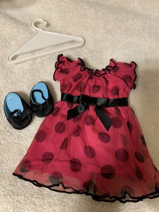18 " Doll Or American Girl Doll Clothing Pink W/ Black Polka Dot Dress And Shoes