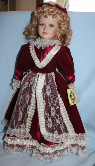 Porcelain Doll Head,  Arms,  Legs,  W/ Cloth Body Red Velvet Dress And Parasol Hat