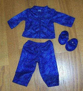 American Girl Doll Sleepover Pjs Pajamas Blue Satin Top Pants And Slippers,  Ec