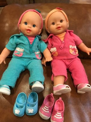 Set Of Fisher Price Little Mommy Twin Girls Fully Dressed Vguc Blue Brown Eyes