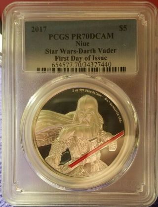 2017 Niue $5 Star Wars Darth Vader 2 Oz.  Silver Proof Coin Pcgs Pr70 Dcam 188