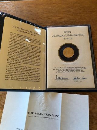 1975 Belize 100 Dollars - - 6.  21 G Proof Gold - Official Cachet W/