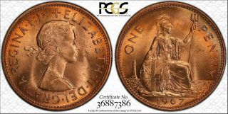 1967 Great Britain One 1 Penny Bu Pcgs Ms64,  Rd Toned Coin In