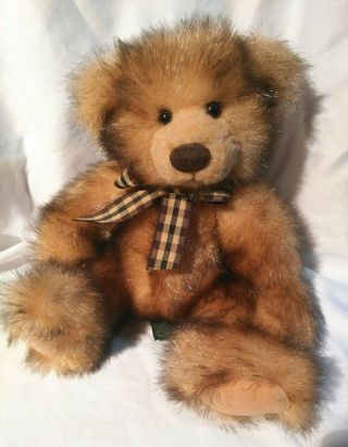 Russ Berrie Madison Plush Bear 10” With Faux Mink Checkered Ribbon