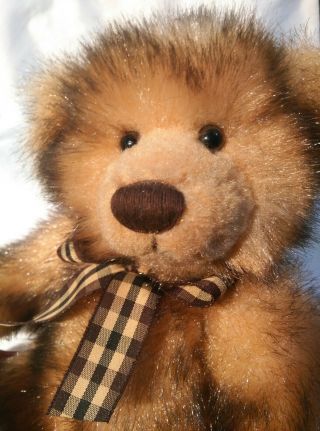Russ Berrie madison Plush Bear 10” With Faux Mink Checkered Ribbon 3