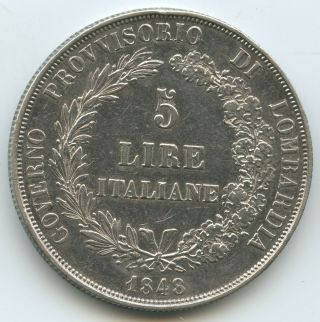 G16216 Kingdom Of Lombardy 5 Lire 1848 M Milan C 22 Silver Scarce Italian States