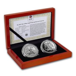 2017 Isle Of Man 2 Coin.  999 Silver Angel Proof & Reverse Proof Set W/box &