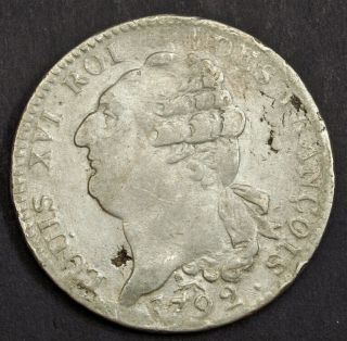1792,  France (1st Republic),  Louis Xvi.  Large Silver Ecu (6 Livres) Coin.  Vf -