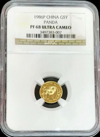1986 P Gold China 5 Yuan Panda 1/20 Oz Coin Ngc Proof 68 Ultra Cameo