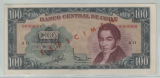 Chile Specimen Banknote 100 Escudos (1962 - 75) Serie A15 P - 141s Aunc,