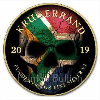 2019 South Africa Flag Skull 1 Oz Silver Krugerrand Coin - Gold Gilded