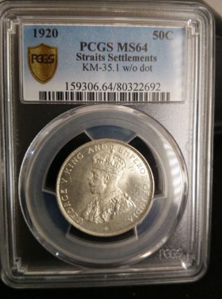 Straits Settlements Pcgs Ms 64 50 Cents 1920 George V Silver Coin British Colony