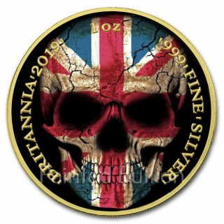 2019 Great Britain Flag Skull 1 Oz Uk Silver Britannia Coin - Gold Gilded