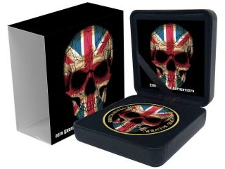 2019 Great Britain Flag Skull 1 oz UK Silver Britannia Coin - Gold Gilded 2