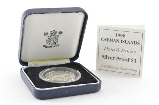 1996 Cayman Islands Sterling Silver Pf 1 Dollar - Flora & Fauna - Box & 073
