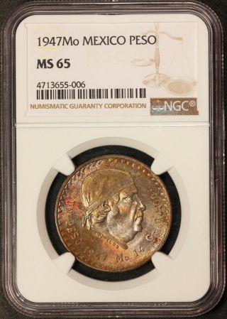 1947 - Mo Mexico One Peso Silver Coin - NGC MS 65 - KM 456 - Rainbow Toning 2