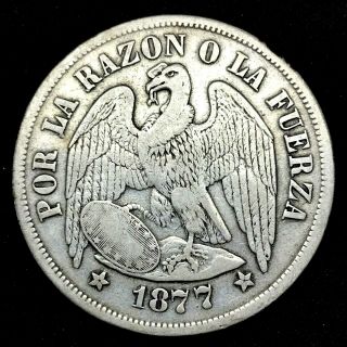 Republic Chile 1877 So (25 Gram) Un (1) Peso Silver Coin Km 142.  1.  3