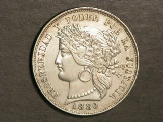 Peru - Provisional Govt.  1880bf 5 Pesetas Silver Crown Xf - Au